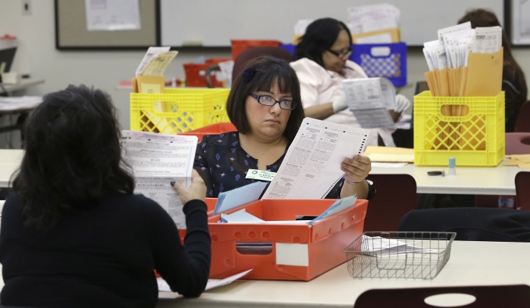 Lydia Harris, a temporary worker at the Sacramento Registrar of Voters, looks over a mail-in ballot before it is sent to be counted in Sacramento, California on Nov. 12, 2014.