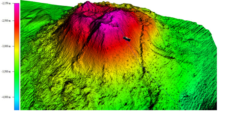 Image: 3D sonar image of the underwater volcano, adding an icon to show the location of the lost "Towfish"