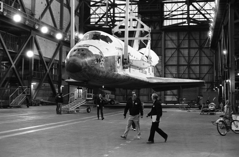 Image: The space shuttle Challenger is transferred to the high bay of the Vehicle Assembly Building at NASA's Kennedy Space Center