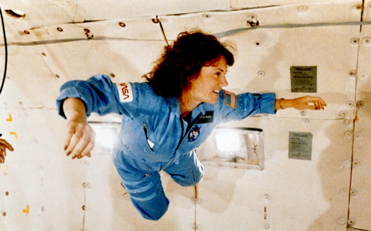 Image: Christa McAuliffe gets a preview of microgravity on NASA's specially equipped KC-135 \"zero gravity\" aircraft
