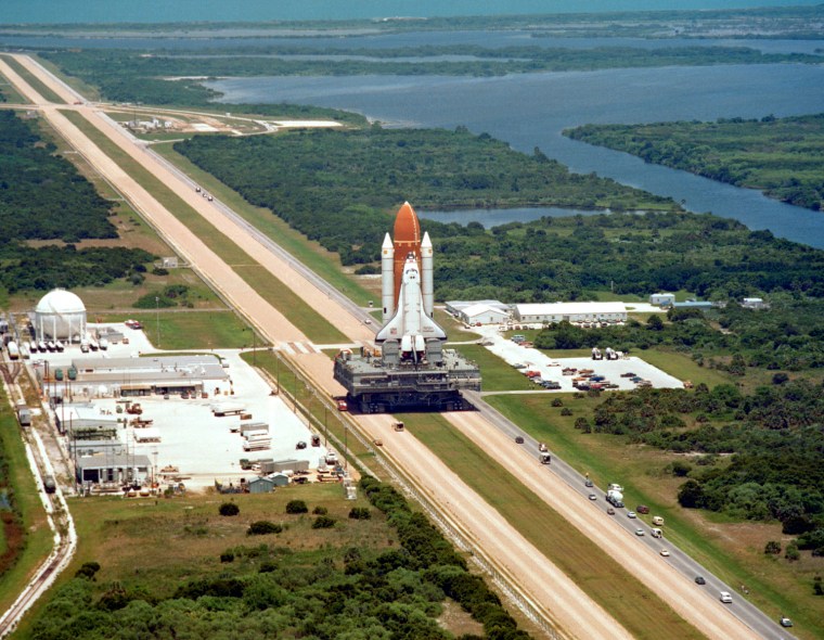 Image: The shuttle Challenger is delivered to its launch pad at NASA's Kennedy Space Center