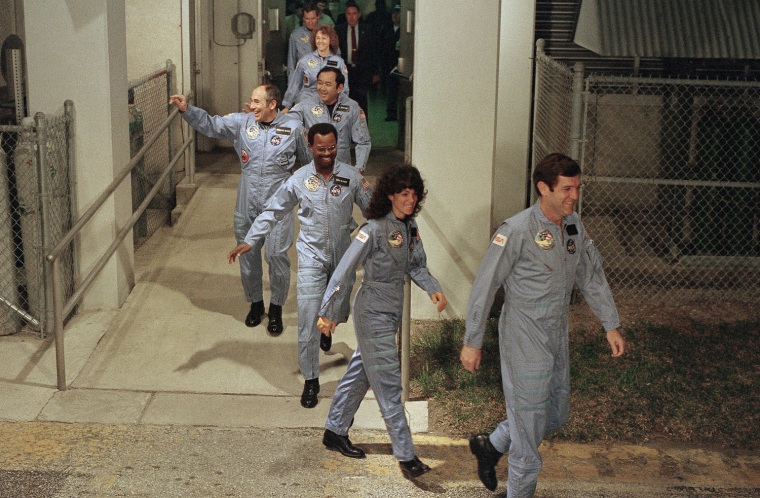 Image: Challenger's crew members leave their quarters at Kennedy Space Center for the launch pad