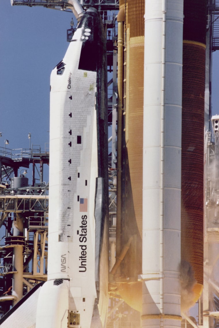 Image: A launch-pad camera captures a close-up view of the shuttle Challenger's liftoff