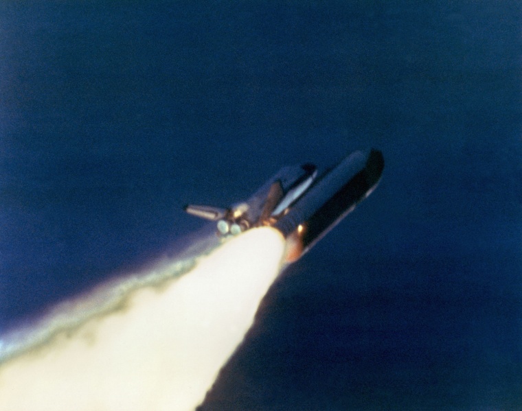 Image: The right solid rocket booster on the shuttle Challenger begins to explode