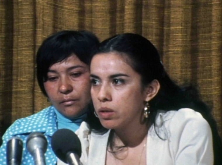 Dolores Madrigal announcing the 1975 lawsuit Madrigal v. Quilligan.