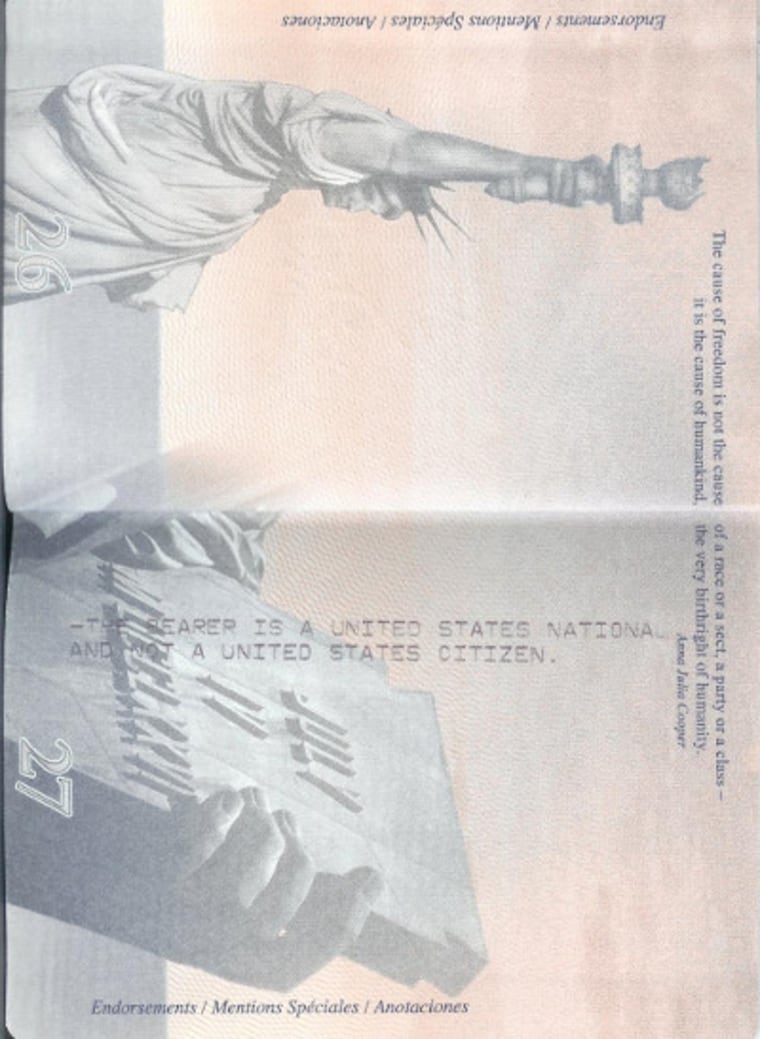 A passport of someone from American Samoa stamped "THE BEARER IS A UNITED STATES NATIONAL AND NOT A UNITED STATES CITIZEN."