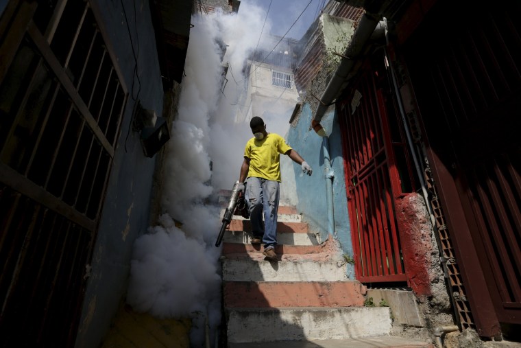 Image: A municipal worker fumigates the Petare slum to help control the spread of the mosquito-borne Zika virus in Caracas