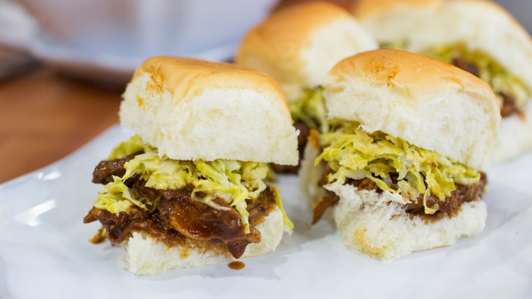 Tiffani Thiessen's recipe for Super Bowl snacks, slow cooker pulled pork sliders with Brussels sprouts slaw and sweet potato tater tots
