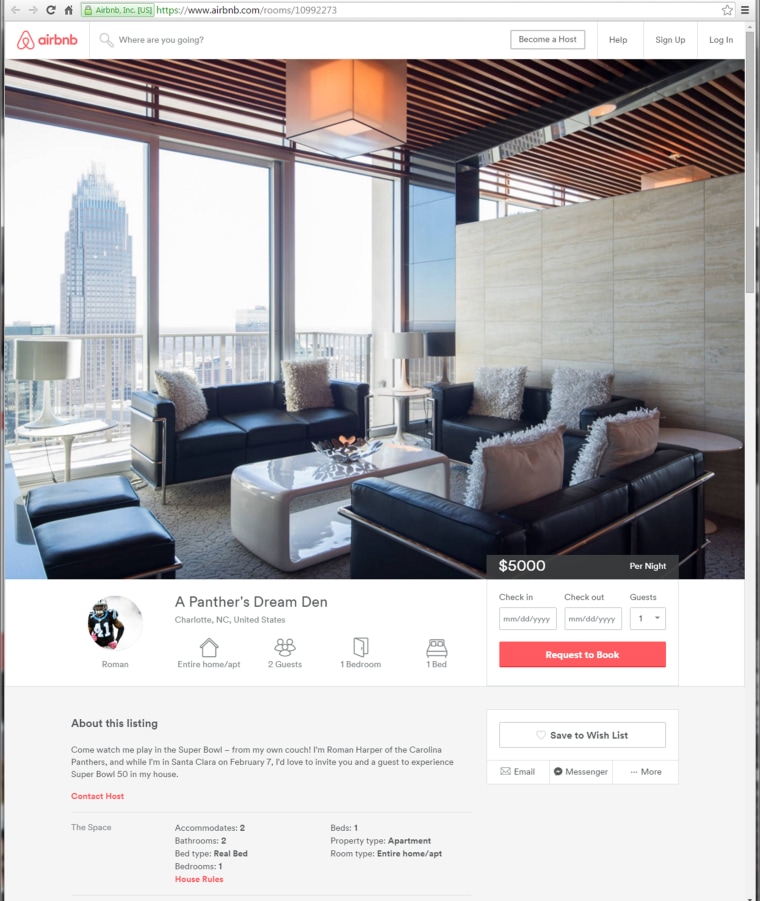Roman Harper of the Carolina Panthers' home on Airbnb during the Super Bowl