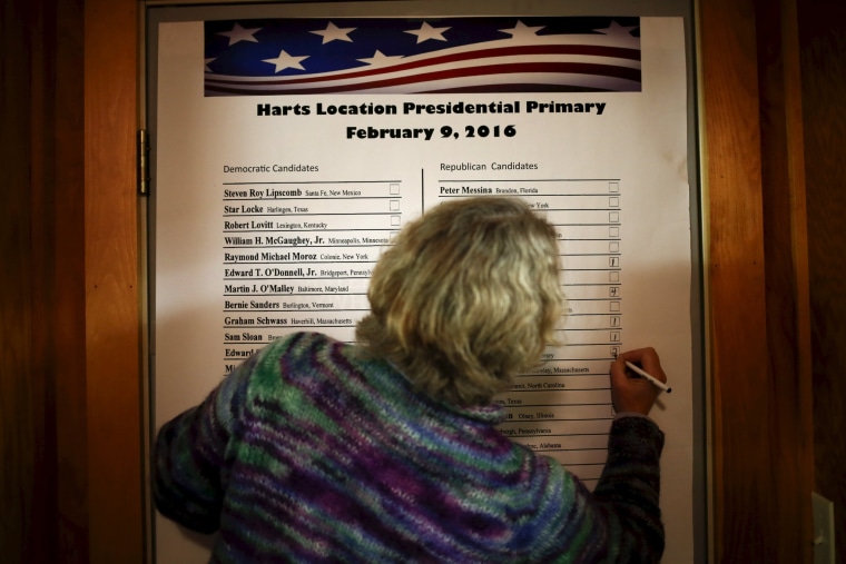 Image: An official labels the number of votes candidates received in New Hampshire's first-in-the-nation primary in Hart