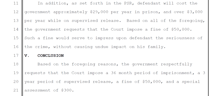 Court documents acquired by NBC News detailing the prosecution's sentencing requests in the case of Ken Liang, who was convicted of offering to help a Federal witness leave the country.