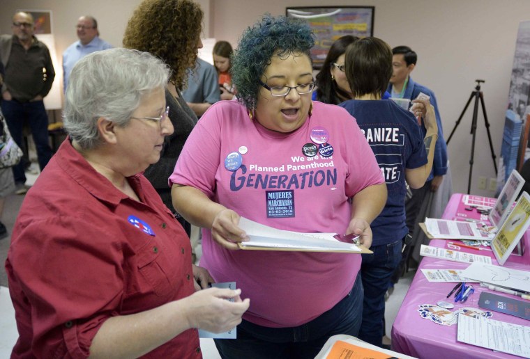 Women's reproductive rights supporter Elisa Gonzalez (L) speaks with Planned Parenthood volunteer Barbie Hurtado during a media tour of the Whole Woman’s Health clinic in San Antonio, Texas, February 9, 2016.  As the U.S. Supreme Court prepares to decide the legality of strict Texas abortion restrictions, women's healthcare providers have launched a campaign across the state trying to win support to keep their clinics open. On Tuesday, one of the plaintiffs in the suit, Whole Woman's Health, opened a San Antonio clinic to media as part of week-long campaign of rallies called the "Truth Tour."