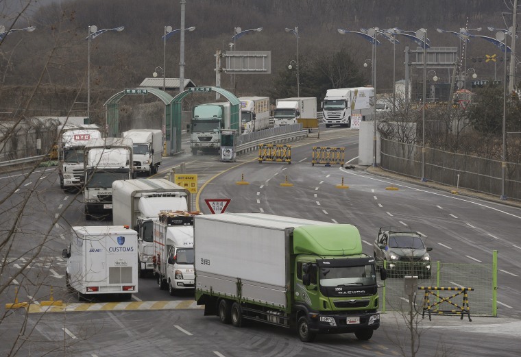 Image: South Korean trucks returning from North Korea's joint Kaesong Industrial Complex Thursday.