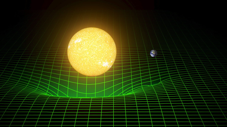 Image: A computer simulation shows how our sun and Earth warp space and time, or spacetime, represented here with a green grid