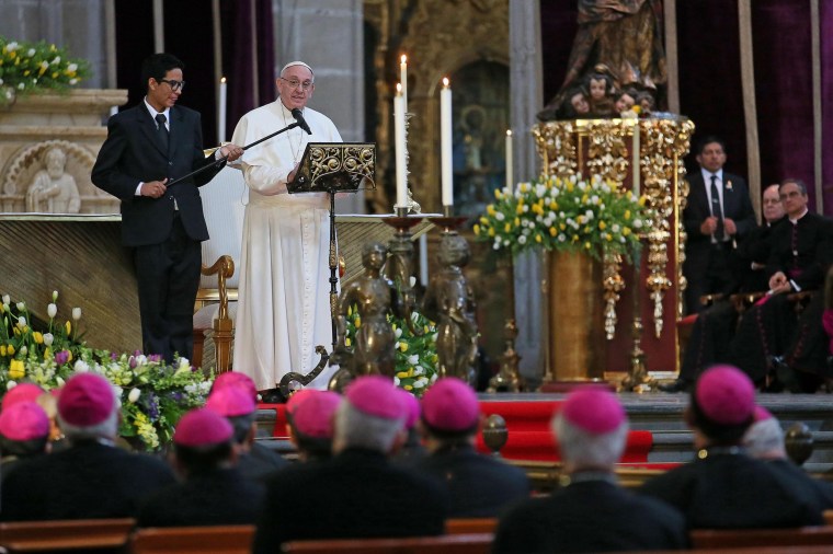 Image: Pope Francis meets with bishops at the National Cathedral in Mexico City