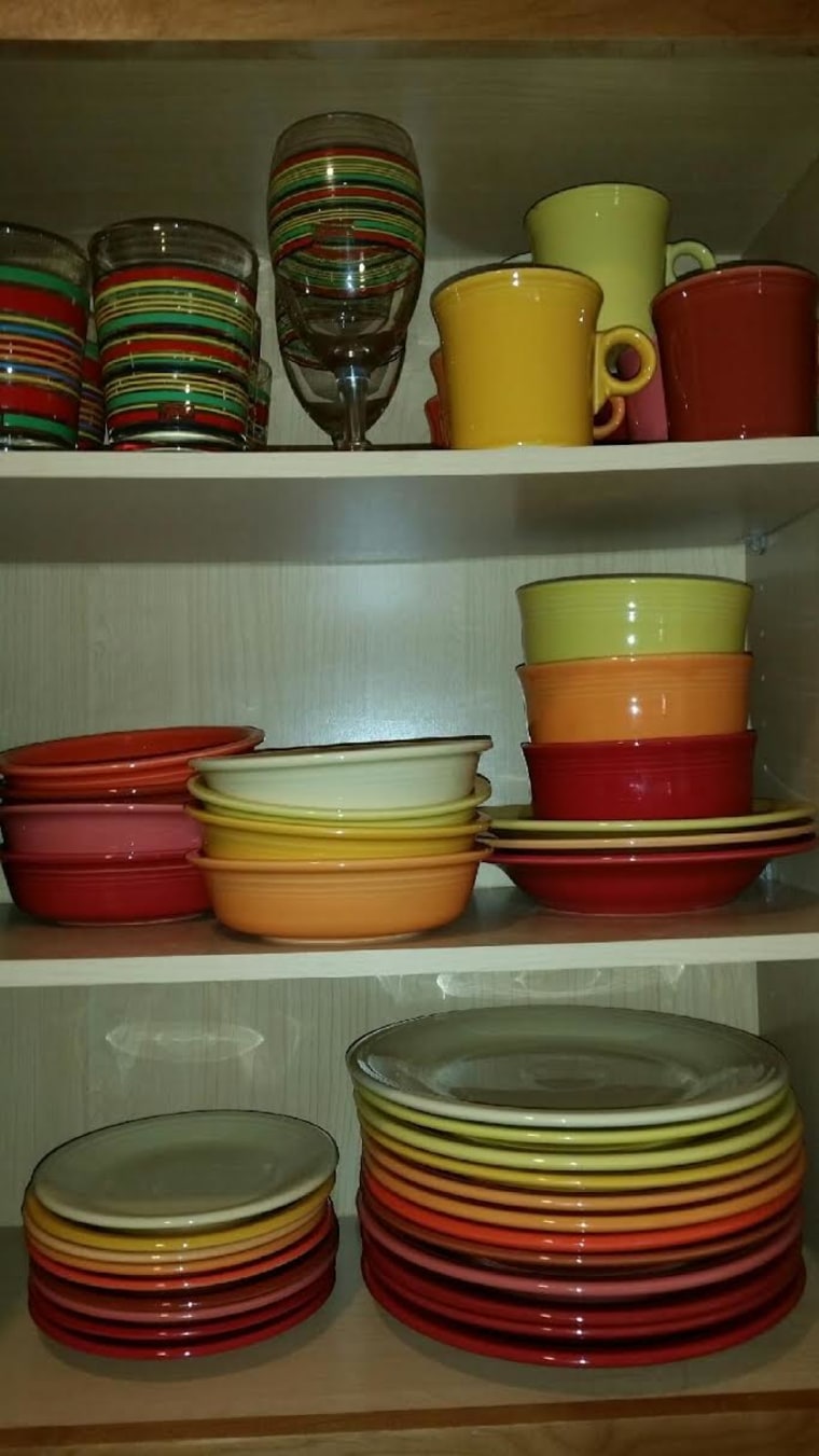 Patrick organizes the couple's Fiestaware collection into warm and cool "color stories."