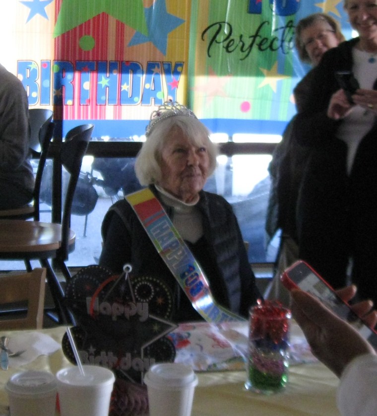 Caffee smiles at her 100th birthday party last month.