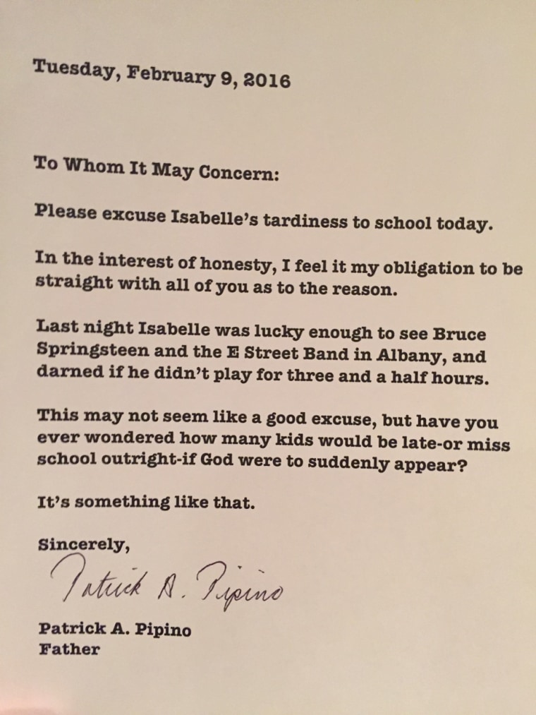 bruce springsteen fan tardy note