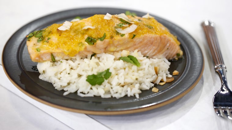 Salmon with passion fruit sauce and coconut rice