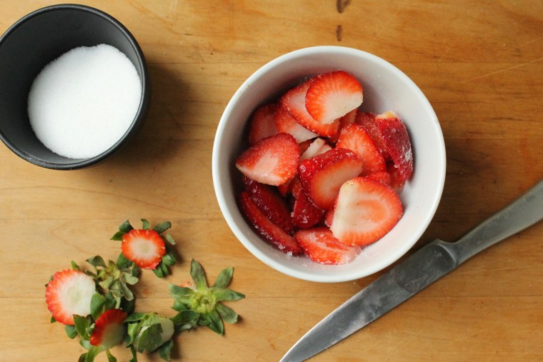 Strawberry and Cream Stuffed French Toast: Macerate the strawberries and sugar
