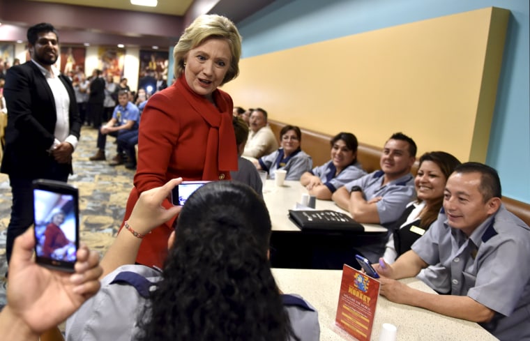 Image: Democratic presidential candidate Hillary Clinton meets workers at Caesars Palace in Las Vegas