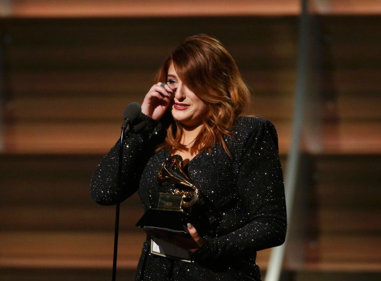 Image: An emotional Meghan Trainor accepts the best new artist award