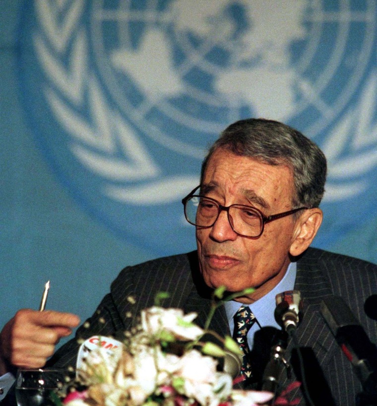 Image: File photo of UN Secretary-General Boutros Boutros-Ghali during a news conference in Rome