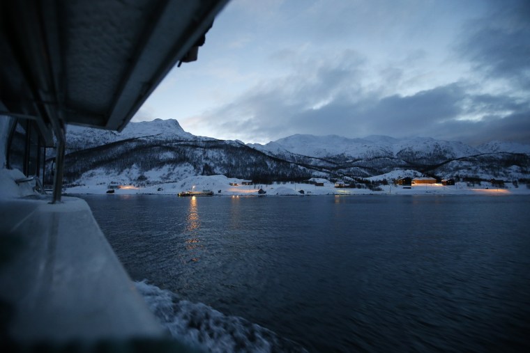 Image: The morning ferry arrives at the island of Seiland, Norway