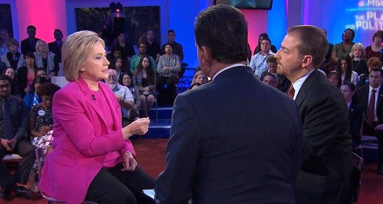 Democratic hopeful Hillary Clinton takes the stage Thursday night in town hall-style, question-and-answer sessions to be moderated by NBC News' Chuck Todd and MSNBC anchor Jose Diaz-Balart.