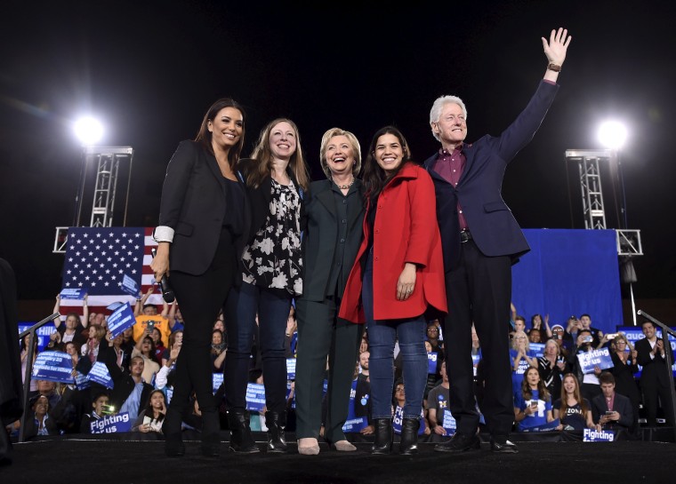 Image: Eva Longoria, Chelsea Clinton, U.S. Democratic presidential candidate Hillary Clinton, America Ferrera and former President Bill Clinton wave to supporters before Hillary Clinton spoke at a campaign rally at the Clark County Government Center in La