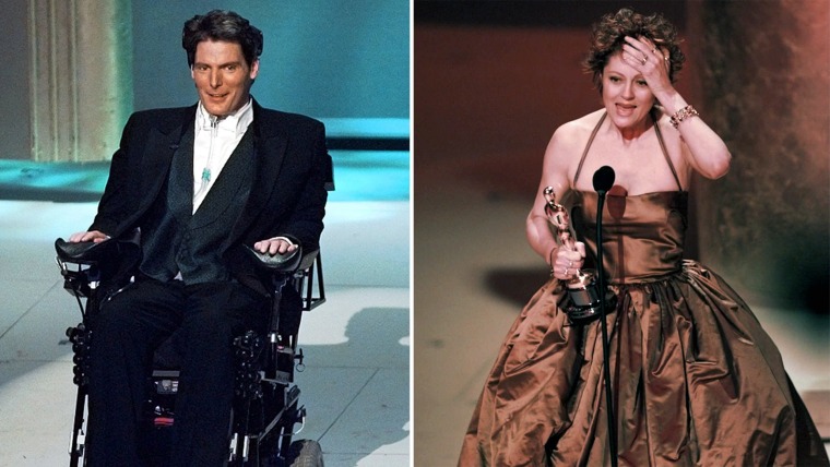 Christopher Reeve appears at the 68th Annual Academy Awards in Los Angeles, Monday, March 25, 1996. With many wiping away tears, Monday night s Academy Awards audience gave the tuxedo-clad Reeve a standing ovation as he sat before them in his respirator-equipped wheelchair. Paralyzed from the shoulder down in a horse-riding accident last May, the \"Superman\" actor, urged Hollywood to produce more movies about social issues. (AP Photo/Eric Draper) Susan Sarandon accepts the award for Best Actress for her role in \"Dead Man Walking,\" at the 68th Annual Academy Awards in Los Angeles, Monday, March 25, 1996. (AP Photo/Eric Draper)