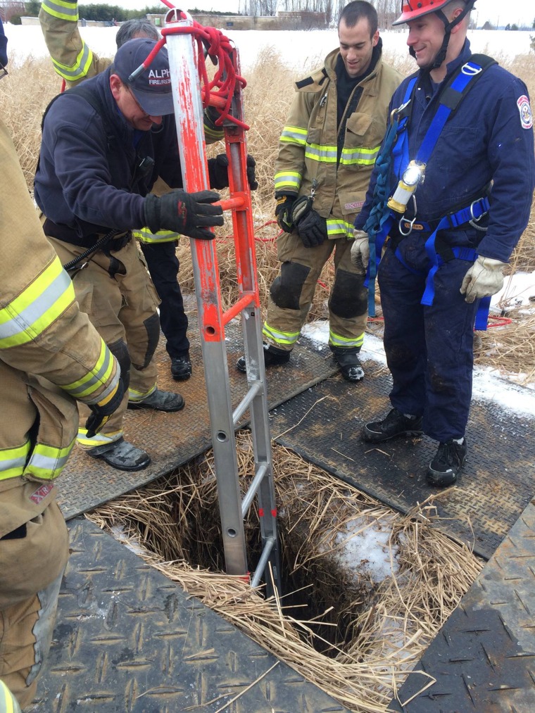 A makeshift dog harness helped Alpha Fire Company Assistant Chief Dennis Harris get Skye safely out of the sinkhole.