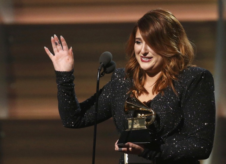 Singer Meghan Trainor accepts the Best New Artist award at the 58th Grammy Awards in Los Angeles