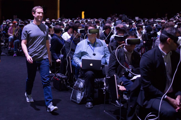 Facebook CEO Mark Zuckerberg is seen here at a Samsung event at the Mobile World Congress in Barcelona, Spain, Feb. 21, 2016.