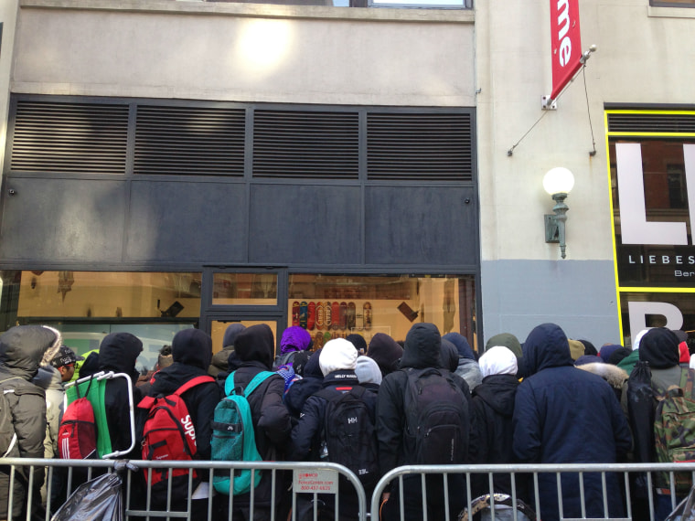 The line in front of the New York Supreme ahead of the release of the brand's 2016 Spring/Summer collection.