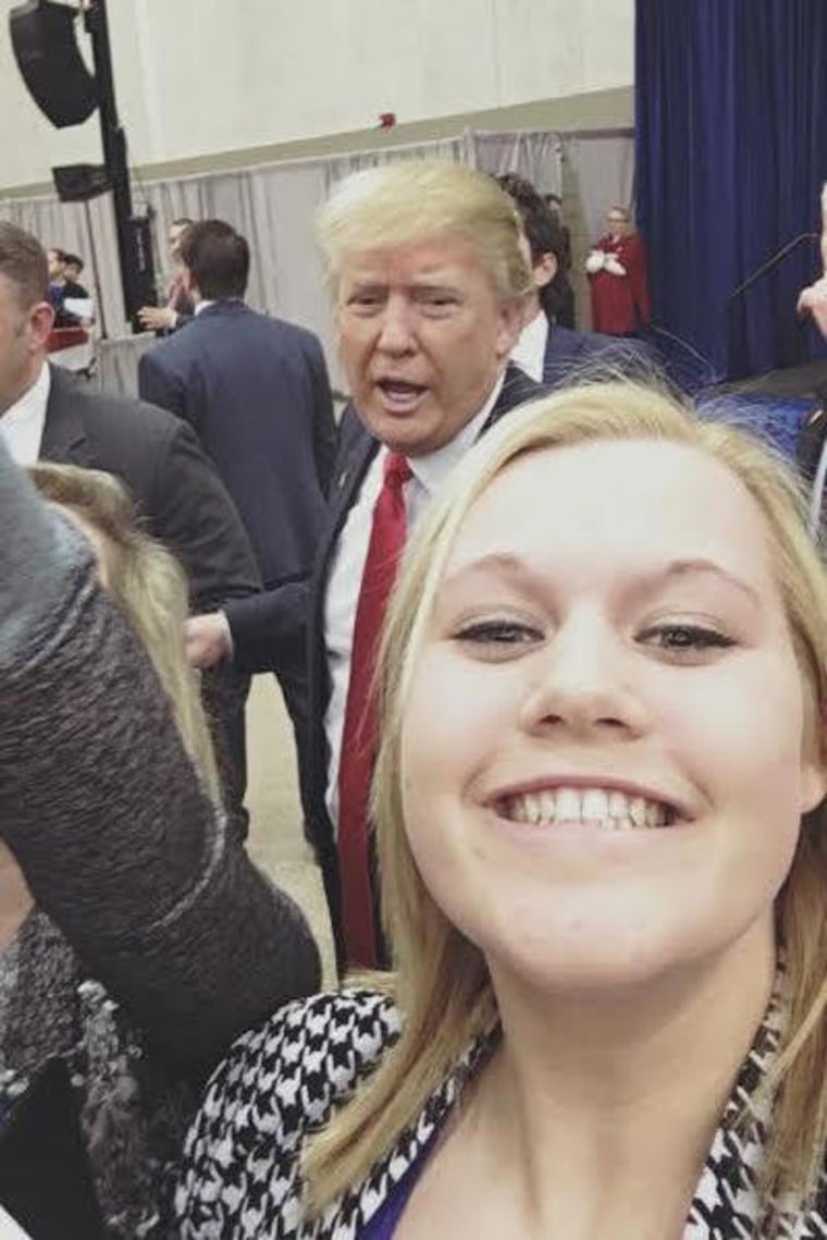 “Chase the Race” reporter Mikayla Kelz takes a selfie with Donald Trump at the Iowa caucus. 