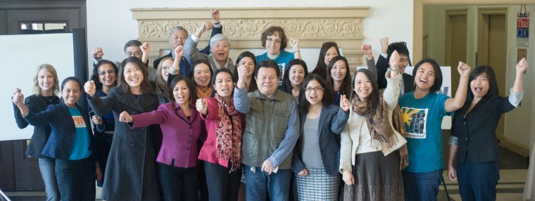 Members of several partner organizations of the Asian Pacific Islander Human Trafficking Task Force as well as labor trafficking survivors Angela Guanzon and Aniwat Khadphab center.