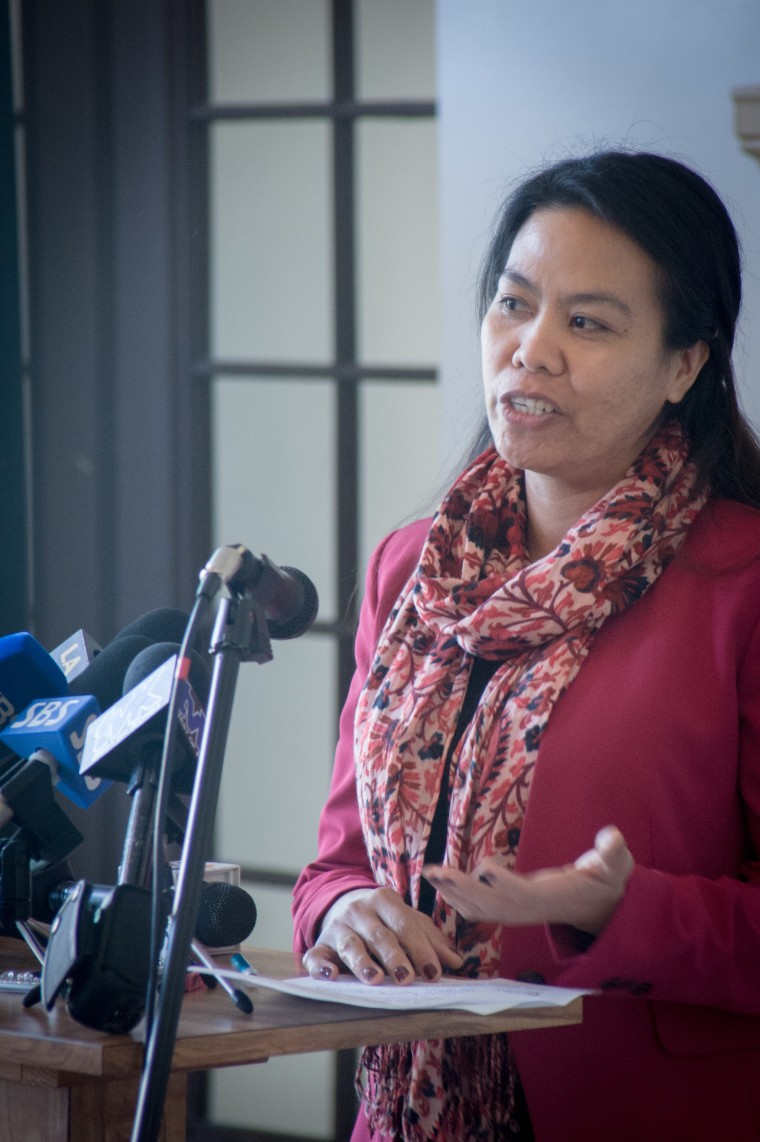 Angela Guanzon speaking at the Asian Pacific Islander Human Trafficking Task Force press conference on Jan. 13, 2016.