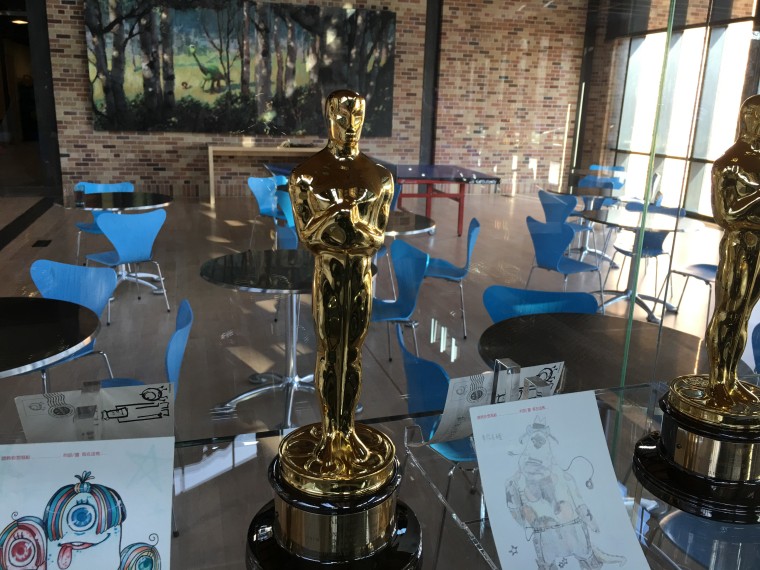 The trophy case in the Pixar studio lobby. "Inside Out" is nominated for two Oscars, for best animated feature and best original screenplay.