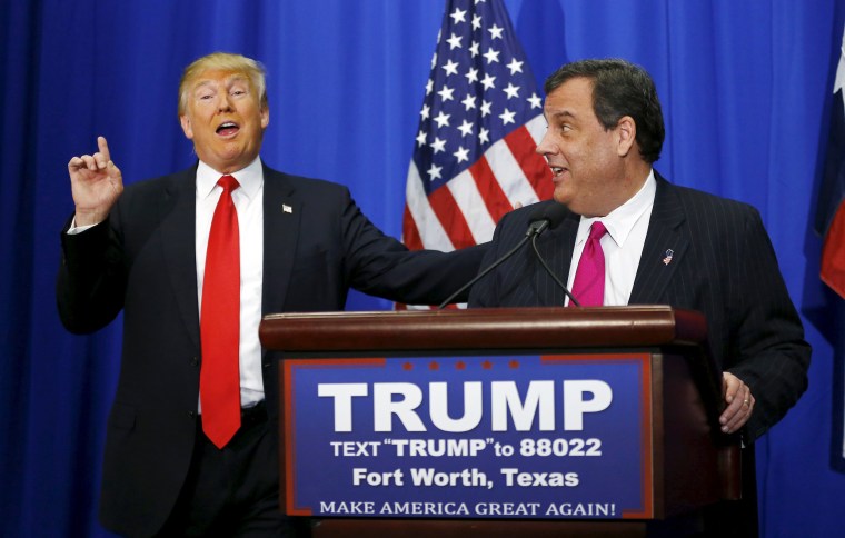 Image: U.S. Republican Presidential candidate Donald Trump speaks next to New Jersey Governor Chris Christie after Christie's endorsement, at a campaign rally in Fort Worth, Texas