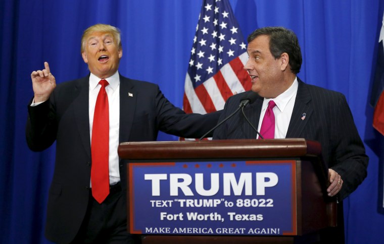 Image: U.S. Republican Presidential candidate Donald Trump speaks next to New Jersey Governor Chris Christie after Christie's endorsement, at a campaign rally in Fort Worth, Texas