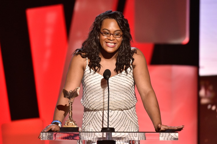 Mya Taylor poses with the award for best supporting female for “Tangerine” at the Film Independent Spirit Awards.