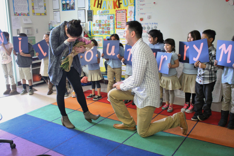 Jennifer Lai's first-graders helped with her surprise proposal