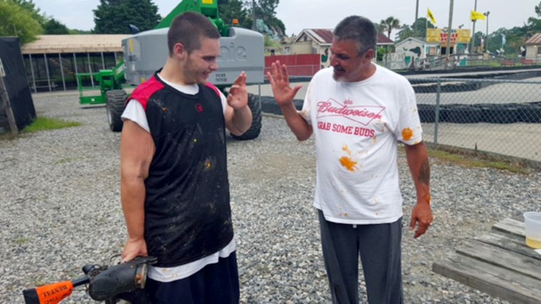 Chris Charron, left, after playing paintball. Something he couldn't do when he weighed 540 pounds.