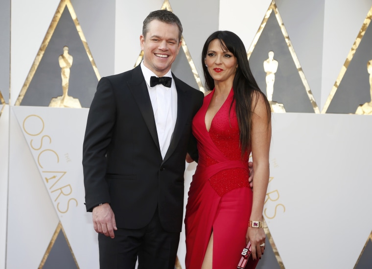 Image: Matt Damon, nominated for Best Actor for his role in \"The Martian,\" arrives with his wife Luciana Barroso at the 88th Academy Awards in Hollywood