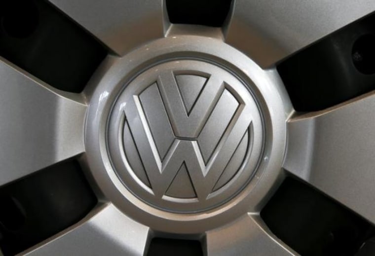 Logo of German carmaker Volkswagen is seen on a wheel at a showroom of AMAG in Duebendorf