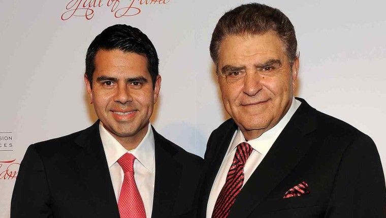 File photo: at left, Cesar Conde, chairman of NBCUniversal Telemundo Enterprises and NBCUniversal International Group, with "Don Francisco" Mario Kreutzberger.