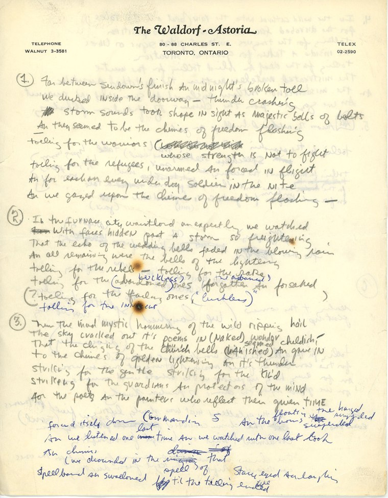 “Chimes of Freedom” lyrics scrawled on hotel stationery and dotted with cigarette burns is an example of the vast amount of information waiting got be unearthed and research waiting to be conducted.