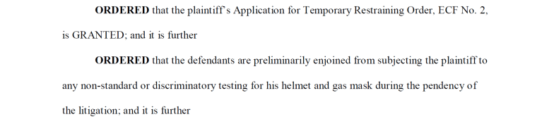 This excerpt, taken from Judge Beryl A. Howell's opinion, orders the Department of Defense to not submit Capt. Singh to non-standard testing until Singh's lawsuit is finished.