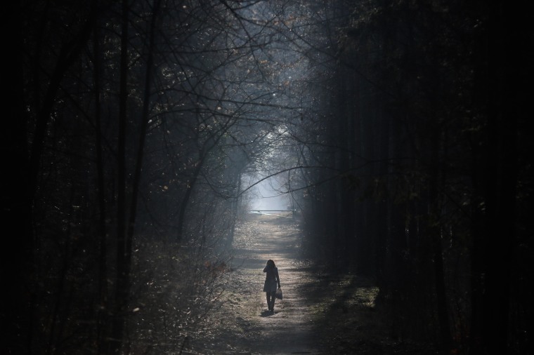 A woman strolls in the Grunewald forest in Berlin.